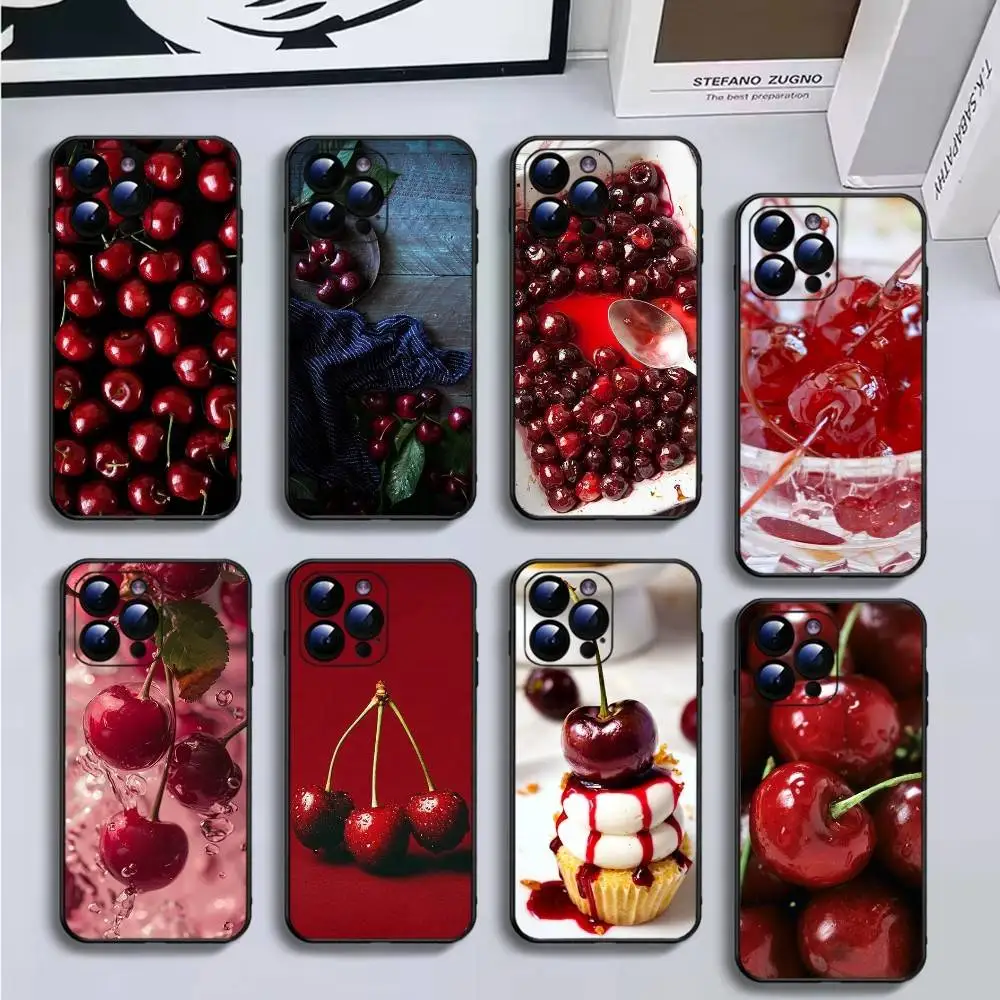 

Cherry Phone Case For iPhone16,15,14,13,12,11 Plus,Pro Max,XS,X,XR,SE,Mini,8,7,Soft Silicone Black Cover