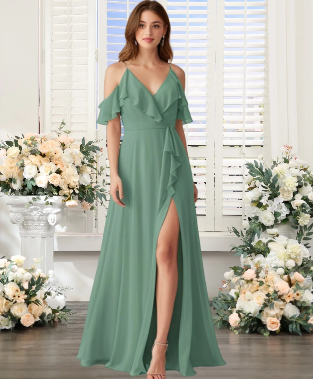 

Flowy Sage Green Spaghetti Straps Chiffon Bridesmaid Dresses Long with Slit for Women 2025 Flutter Sleeve Maid of Honor Dresses