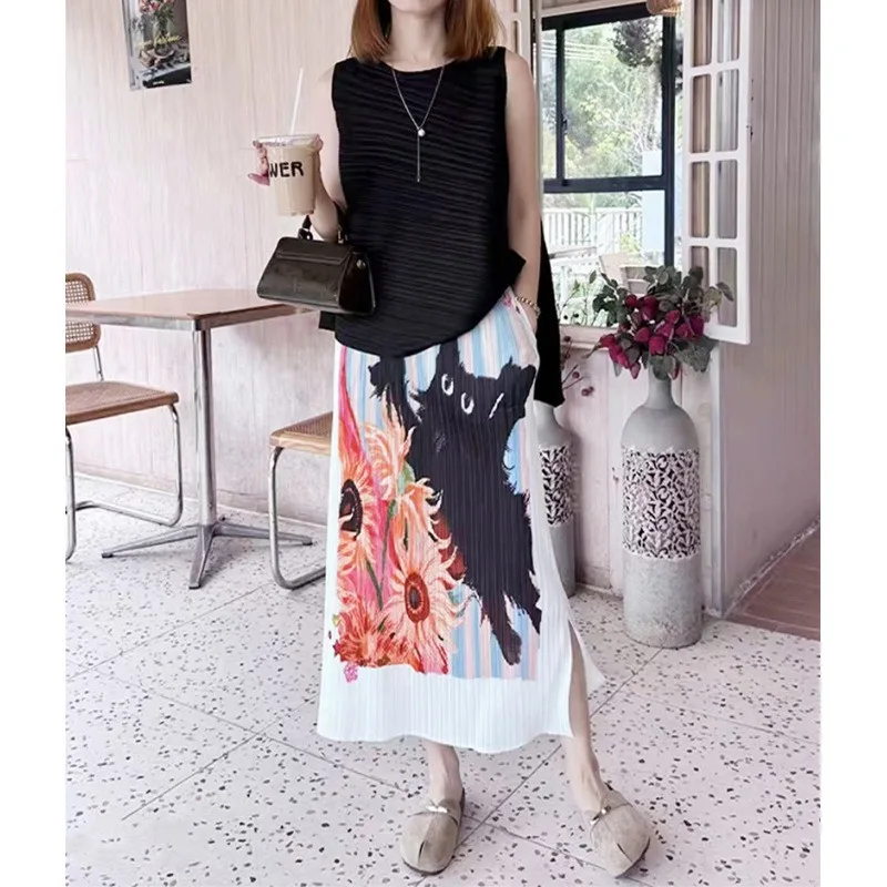 Miyake Pleated 2026 New Summer Original Black Cat Sunflower Casual Print Pleated Fashion Skirt Draped Niche Skirt for Women