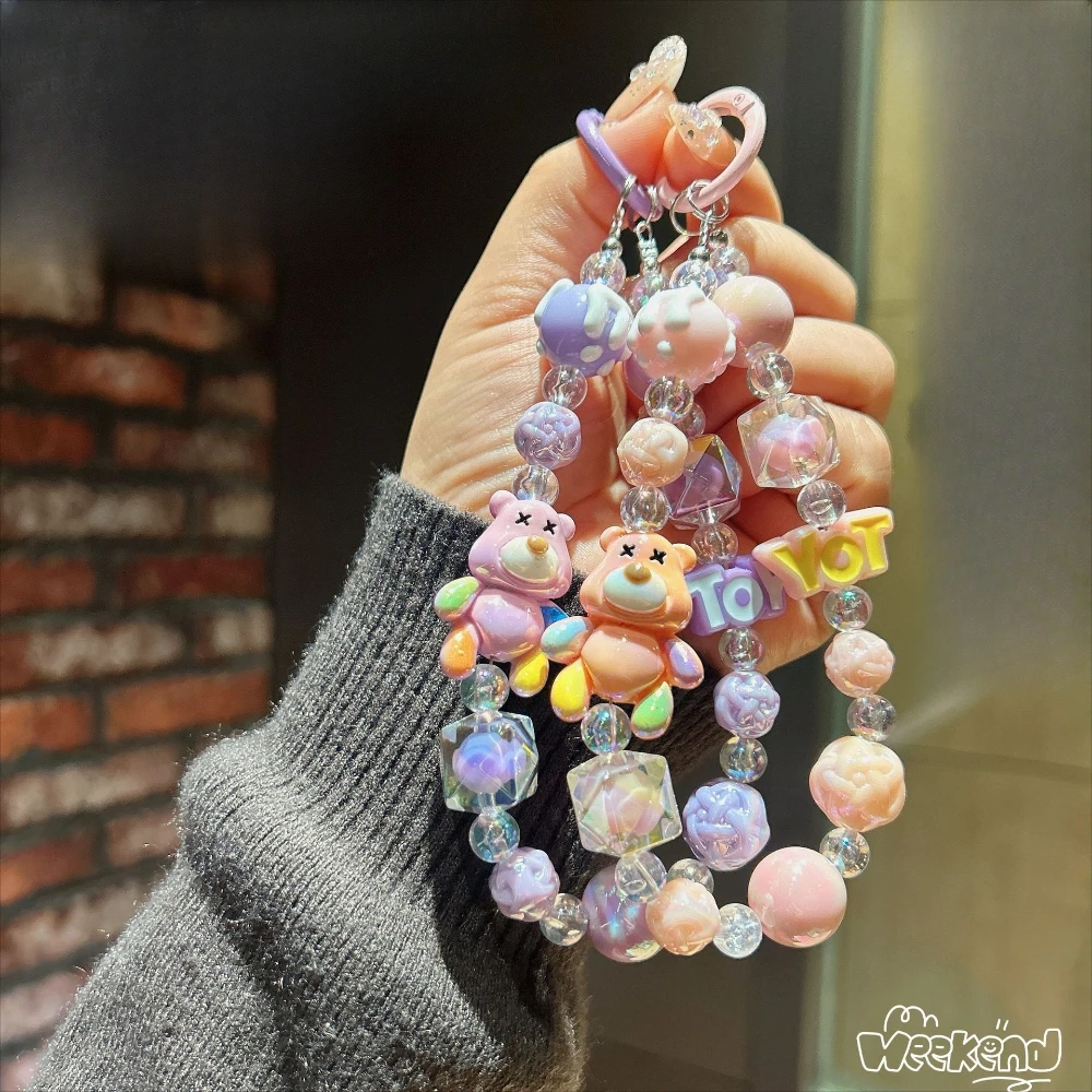 Creative Bear Animation Mobile Phone Chain, Kawaii Handmade Beaded Bag Pendant, Doll Beaded Keychain, Exquisite Gifts