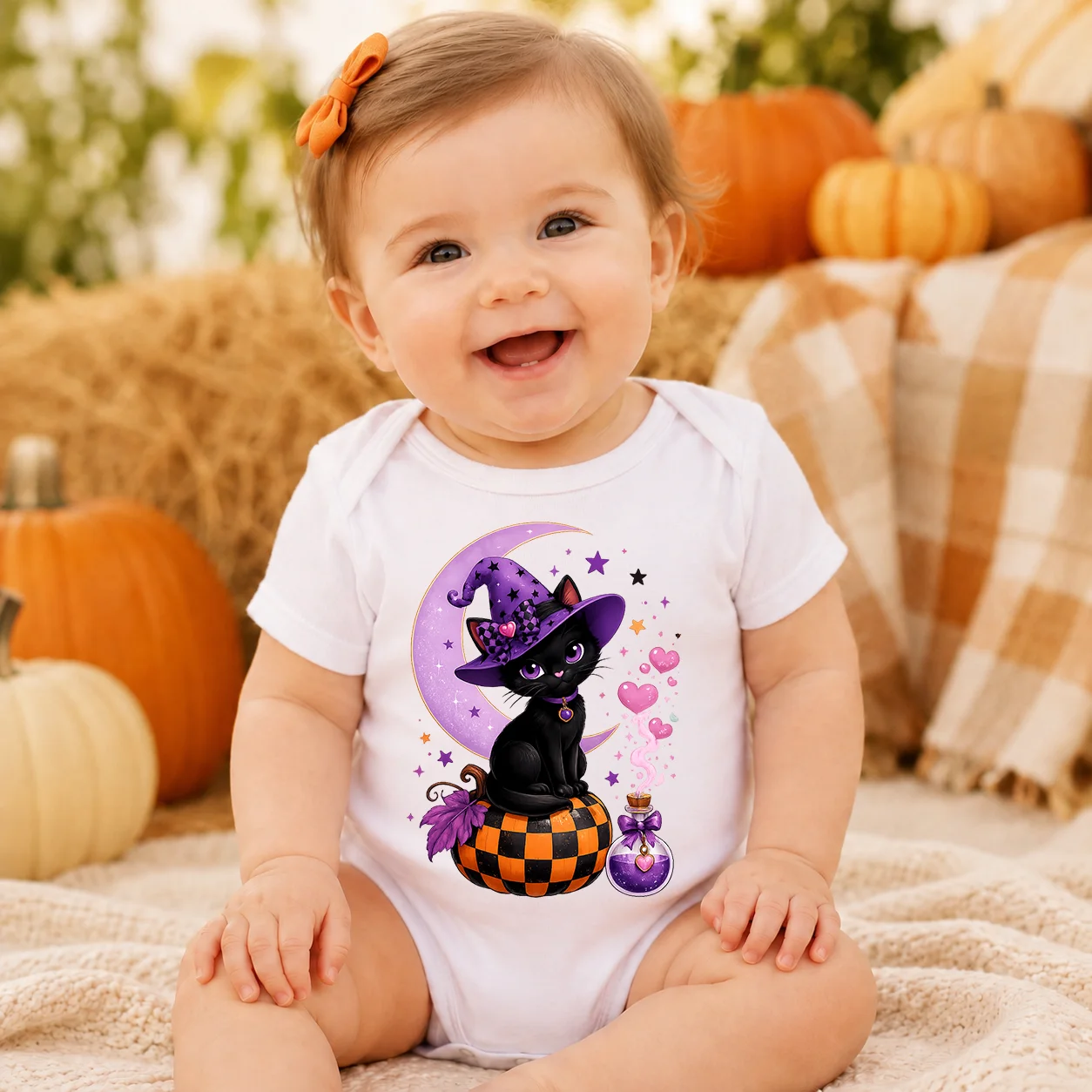 Cute Black Witch Cat Baby Bodysuit My First Halloween Outfit Infant Short Sleeve Romper Purple Moon Pumpkin Magic Potion Print N
