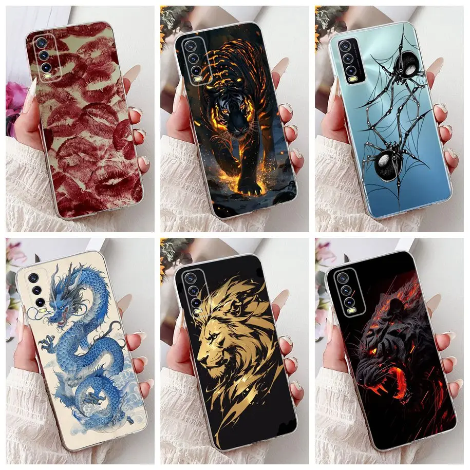 حافظة لهاتف Vivo Y20i V2027 لهاتف Vivo Y20 V2029 Y20s غطاء خلفي كرتوني على شكل نمر لطيف من السيليكون الناعم لهاتف Vivo Y11s Y12s Y12a