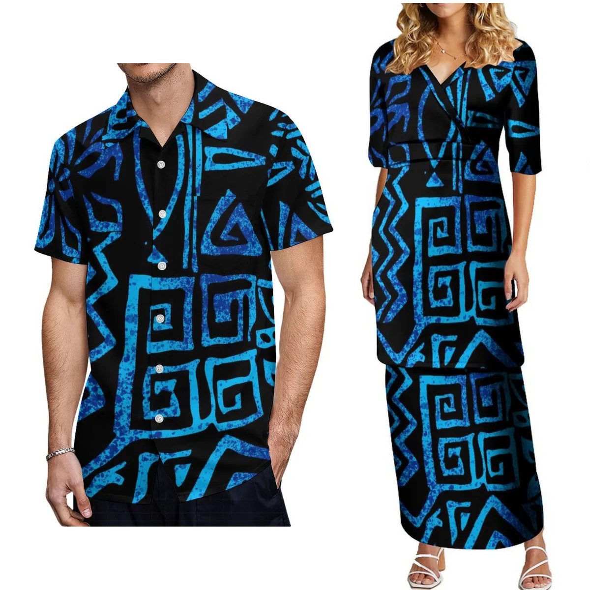 Women'S V-Neck High-Waisted Dress Puletasi Top And Long Polynesian Samoan Holiday Party Dress Matching Men'S Aloha Shirt