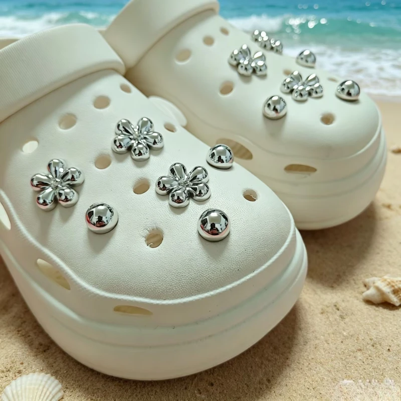 12PCS Shoe Charms Set Silvery Fashion Accessories Hole Shoe Buckle Cute Pearl Daisies 3D Decorations for Bogg Bag Gift