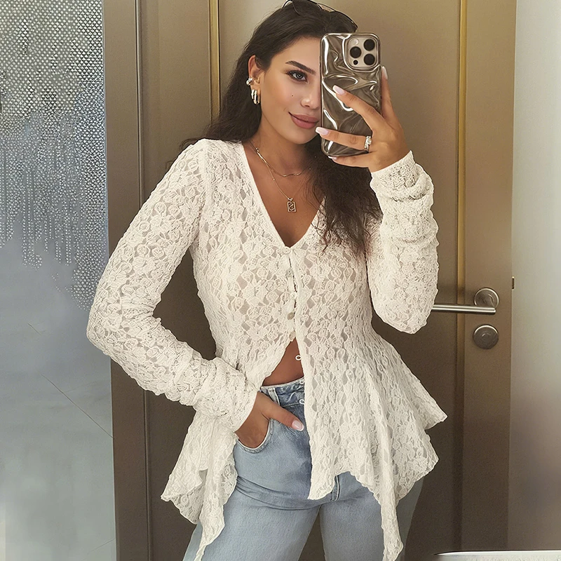 

Ticketsx Elegant V Neck Top Women's Hollow Single Breasted Irregular Long Sleeve T Shirt Female Autumn Beach Vacation Slim Tops