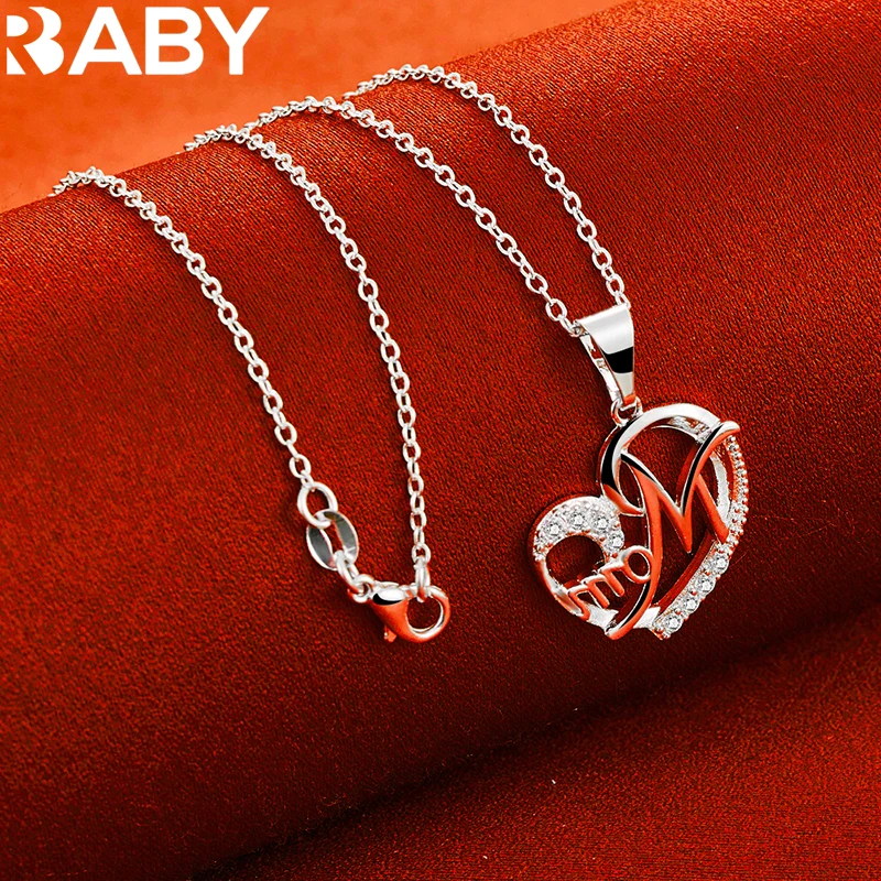 URBABY 925 Sterling Silver With 16-30 inch Chain AAA Zircon Mom Heart Pendant Necklace For Women Wedding Party Charms Jewelry