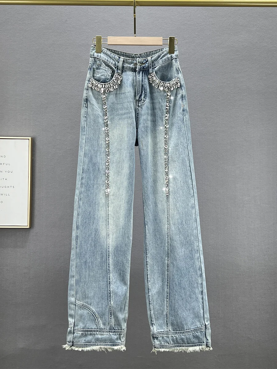 

Женские широкие джинсы с декоративной отделкой, модные новинки 2023 года, весенние, с высокой талией, свободные, стройнящие, в европейском стиле, длинные брюки
