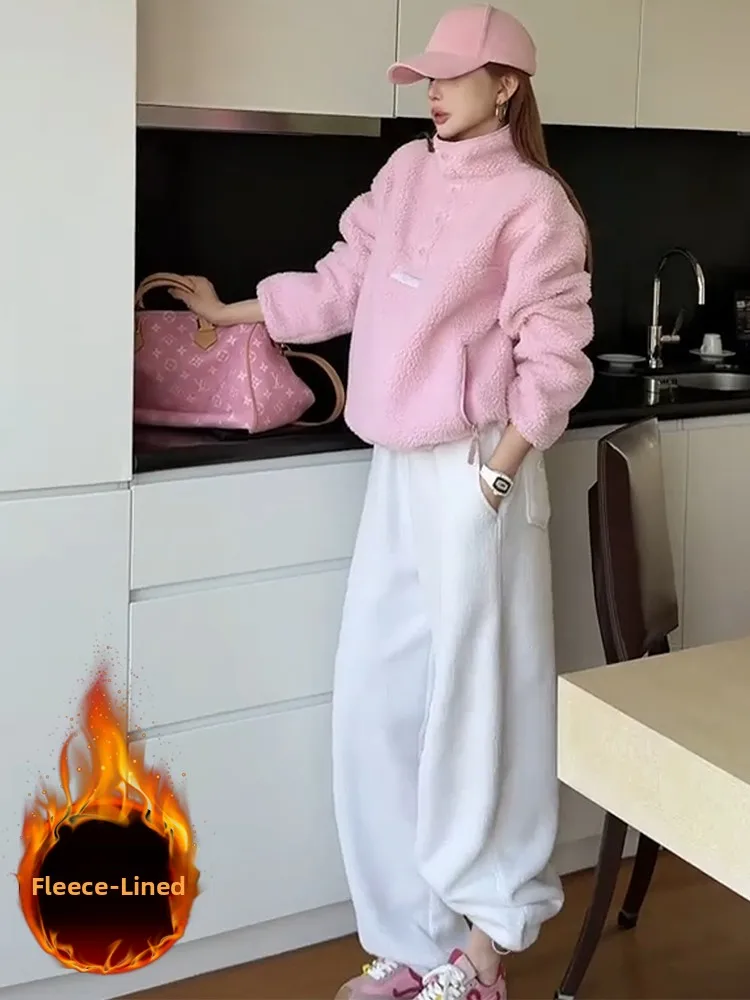

Trendy Winter Sportswear Set Women's Fleece Lined Pink Sweatshirt Wide Leg Pants Two Piece Set Casual Fashionable