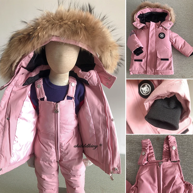 어린이 다운 슈트 겨울과 가을 따뜻한 소년 자켓 천연 모피 칼라 아기 소녀 Snowsuit 코트 키즈 파카 아웃웨어 1-5 년