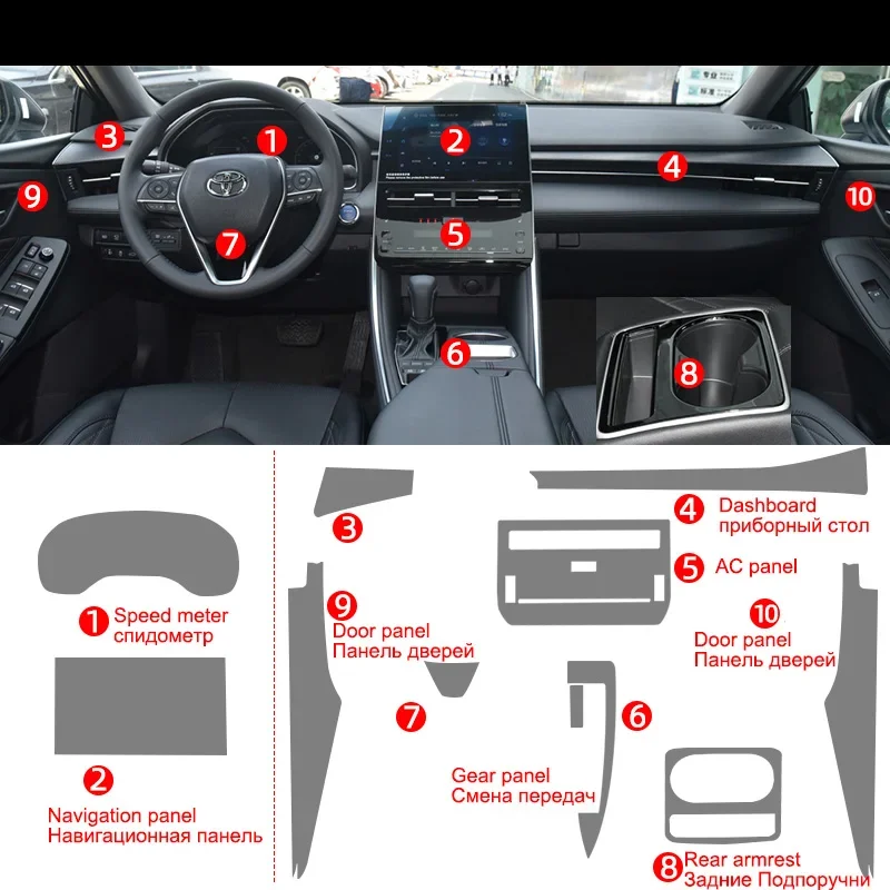 

Прозрачная пленка из ТПУ для Toyota Avalon 2022 2023 Автомобильная наклейка для внутреннего интерьера, центральная консоль, приборная панель для навигатора, задняя панель переменного тока