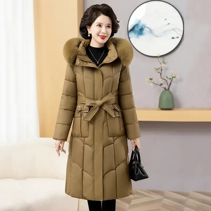 Winter New Middle-Aged Mother Down Cotton Jacket Women Parkas Fur Collar Hooded Thick Warm Long Puffer padded Coat Female T755