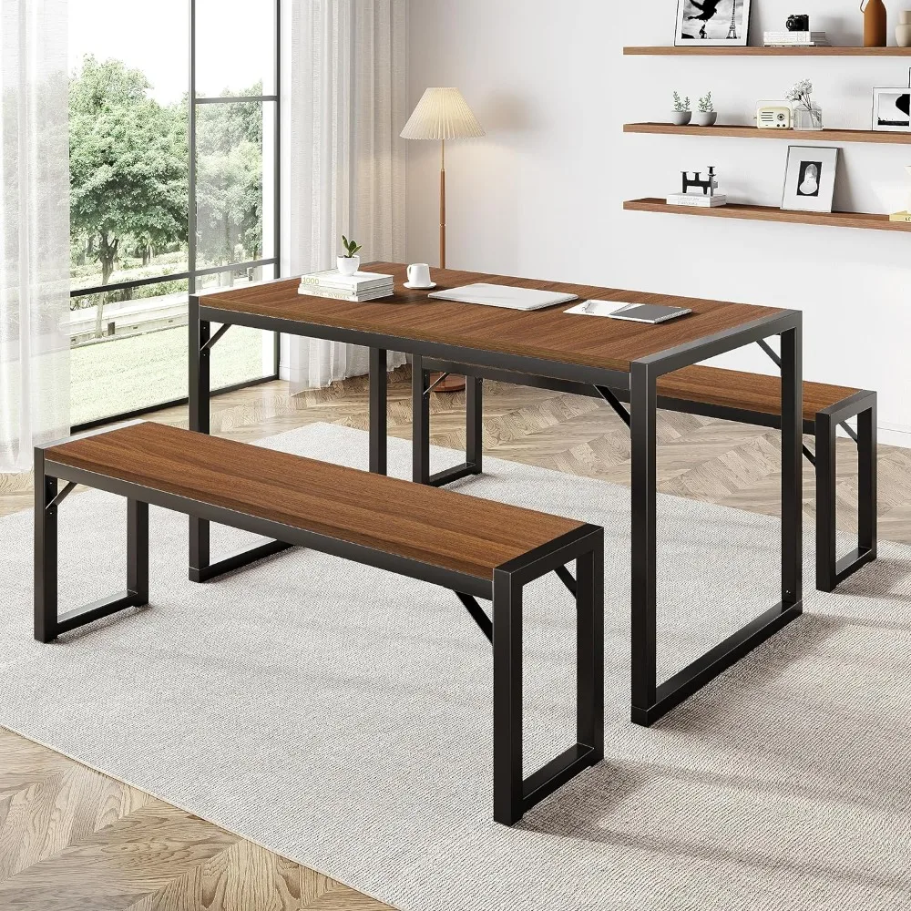 Dining Table Set for 4-6,Modern Rustic Table with Metal Frame and Wood Board for Kitchen & Dining Room with Benches,Space-Saving