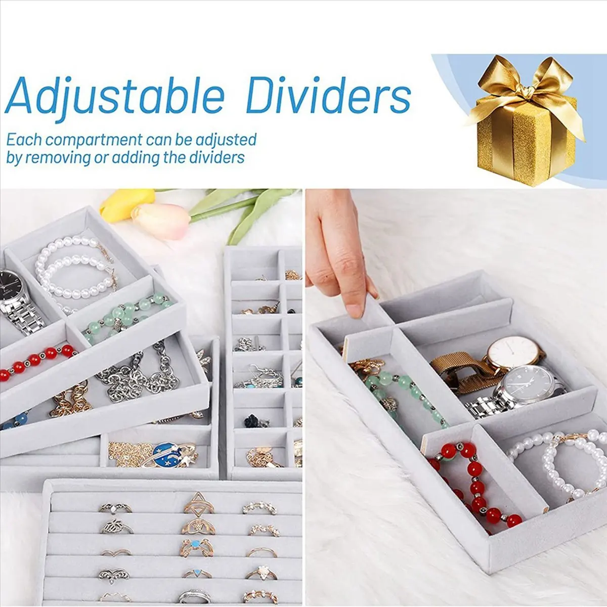 Learned- Jewelry Organizer Tray, 10 Pcs Stackable Velvet Jewelry Organizer for Drawer, Jewelry Storage Display Trays Showcase