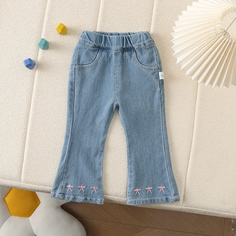 Casual And Versatile Children's Clothing Cotton Korean Style Bow Girls' Pants Loose Flared Children's Jeans For 1-4Y