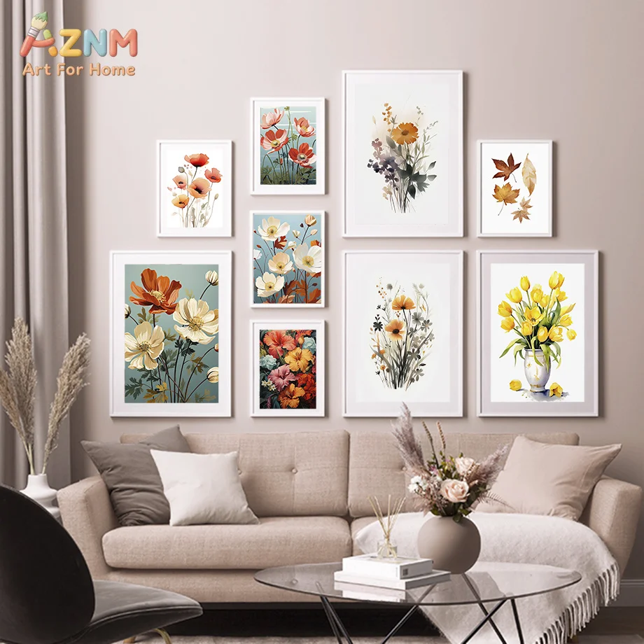 AZNM Unframed Canvas Print Watercolor Floral Wall Art Neutral Botanical Flower Home Decor Poster