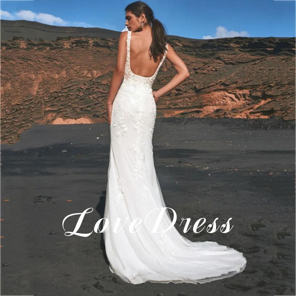 2024 abito da sposa con colletto quadrato con strascico staccabile senza maniche in pizzo Applqiues Boho Mermaid Bride Robe Backless Robe de mariée