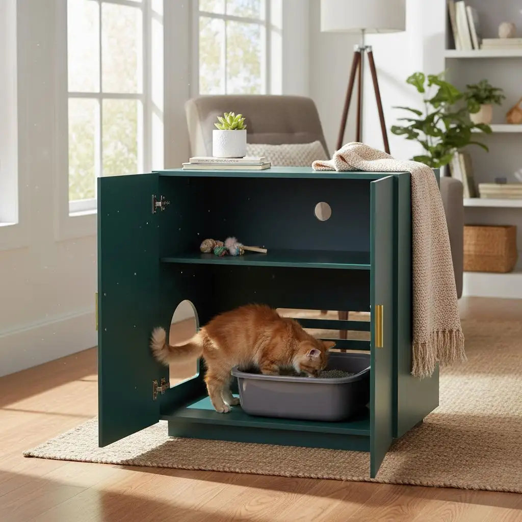 

Скрытый шкаф-лоток для кошек 31,5 дюйма для гостиной, спальни, прихожей, деревянная мебель для туалета питомцев с вентиляционными отверстиями, двойной