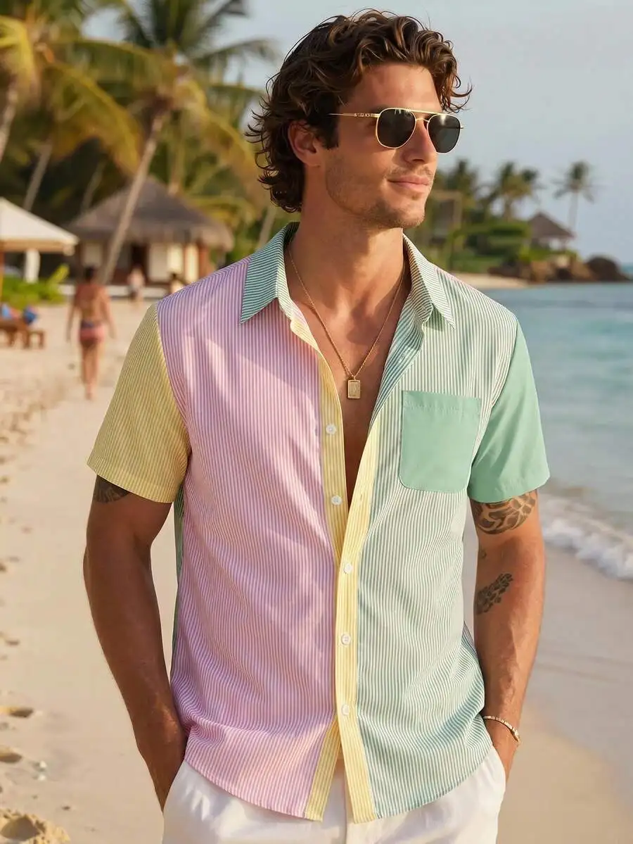

Mens Casual Contrast Color Striped Short Sleeve Shirt
