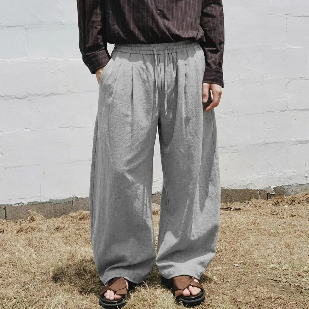 Neue Herren-Freizeithose aus Baumwolle mit weitem Bein, lockerer Passform, Kordelzug und elastischem Bund, atmungsaktive Baggy-Hose in Unifarbe, Streetwear – Detail 7