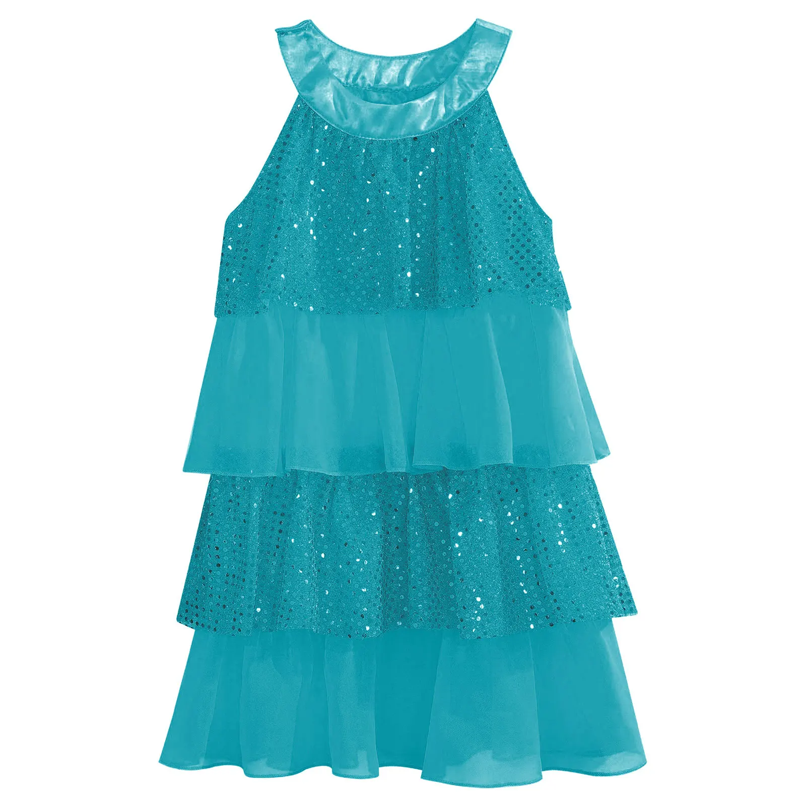 Bambini ragazze paillettes Modern Jazz abito da ballo latino Halter Neck Tiered Ruffled Shorty Dress Ballroom Salsa Samba Rumba Dance Wear