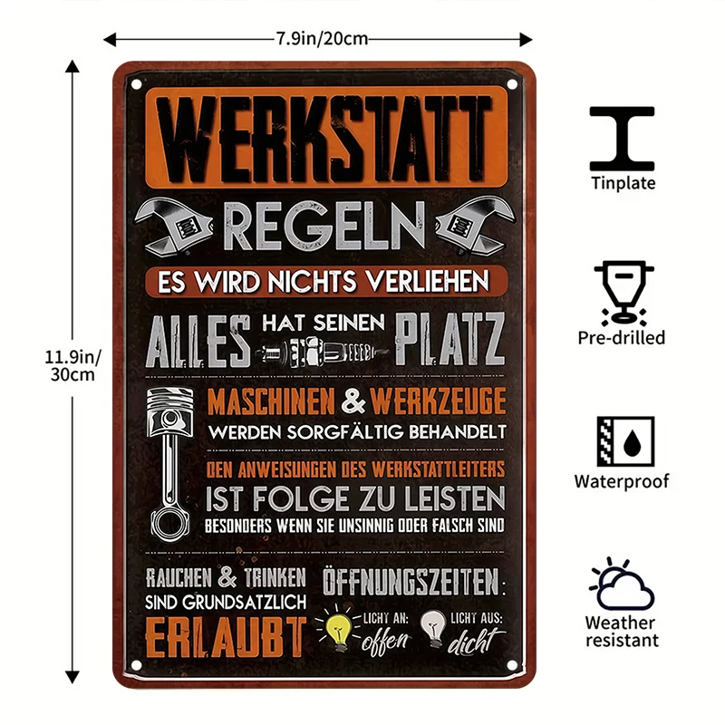 1pc 2D Flat Werkstatt Regeln German Tin Sign Retro Workshop Rules Metal Wall Decor for Garage Repair Shop Man Cave