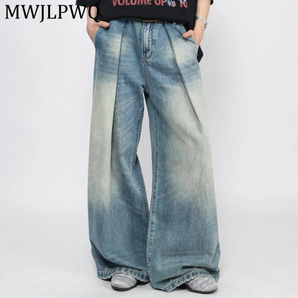 

Мужские джинсы MWJLPWQ в американском ретро-стиле, с эффектом потертости, плиссированные, универсальные, повседневные, прямого кроя, свободные, широкие брюки 14415