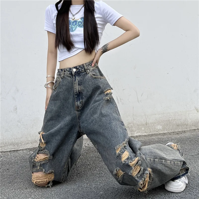 Ripped jeans for women personality street trend old washed high waist jeans retro hip hop couple casual pants Harajuku y2k pants