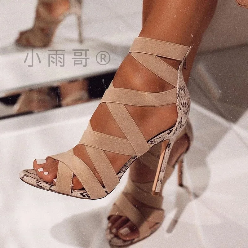 Women\'s Shoes With Straps Beige High Heels Sexy Pump Roman Style Sandals Ladies Buckle 12cm Crossdressers Fine African Casual Br