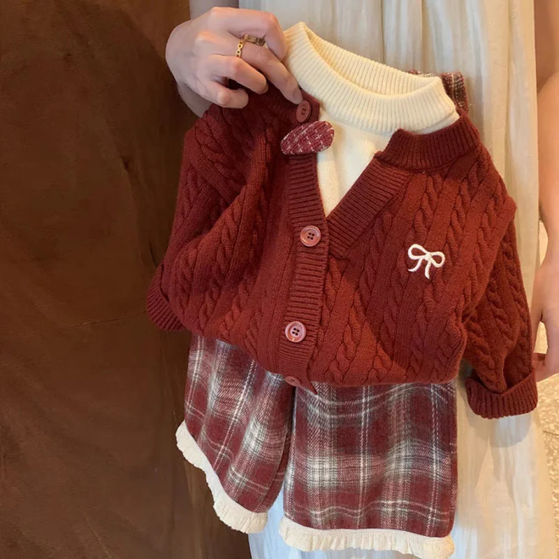 

01-Girls' Faux Two-Piece Sweater College Style New Autumn Winter Toddler Girl Baby Knitted Sweater Korean