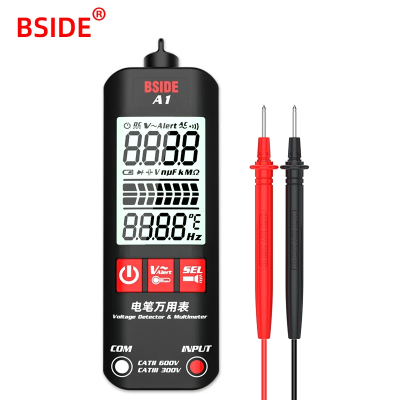 BSIDE A1 Mini Multimeter LCD Digital Tester Voltage Detector 2000 Counts DC/AC Voltage Frequency Resistance NCV True RMS Meter