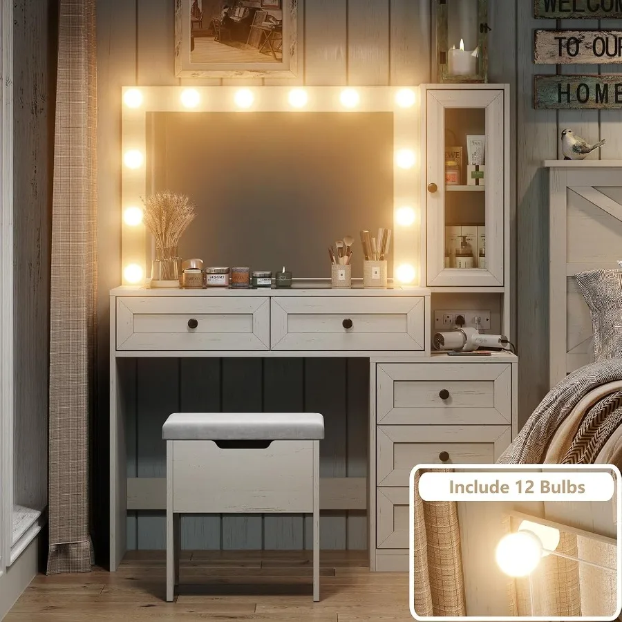 مكتب زينة كبير بمرآة المزرعة مع لمبات LED ومجموعة طاولة مكياج مع محطة شحن زجاجية ومخرج طاقة Adj