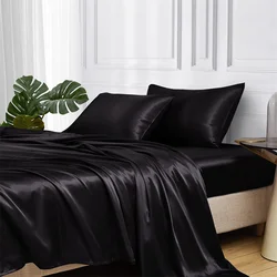 Luxury Black Bed Sheet Set Mulberry Silk Bedding Set Fitted Sheet Flat Sheet Pillowcase Double Queen King Bed Silky Antiallergic