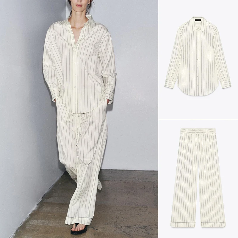 

Новые летние свободные длинные брюки в полоску све irt, повседневные простые длинные брюки в полоску, комплект из двух предметов, женская мода с воротником на пуговицах