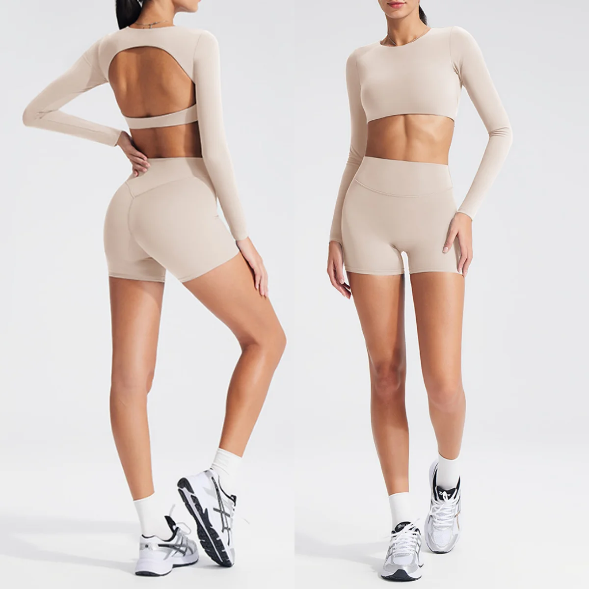 Women Quick-Drying Gym Set 2PCS Yoga Suit Sports Set Brushed Tracksuit Running Workout Long Sleeve backless Shirt Yoga Clothing