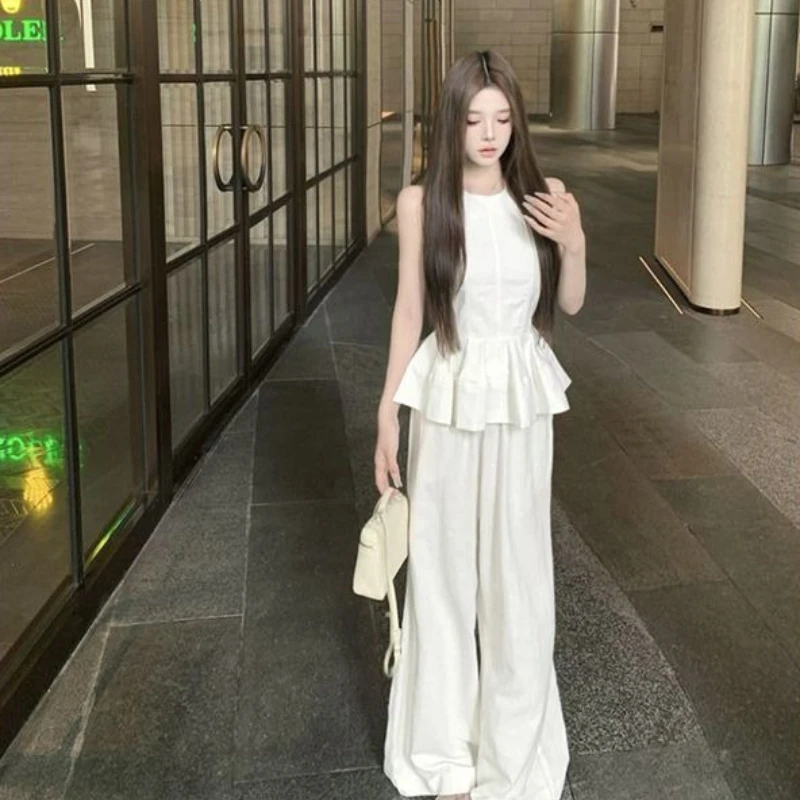 

Комплекты брюк для женщин, комплект из 2 предметов с рюшами, новая одинаковая шикарная и элегантная одежда, повседневная роскошная акция, широкие брюки для женщин