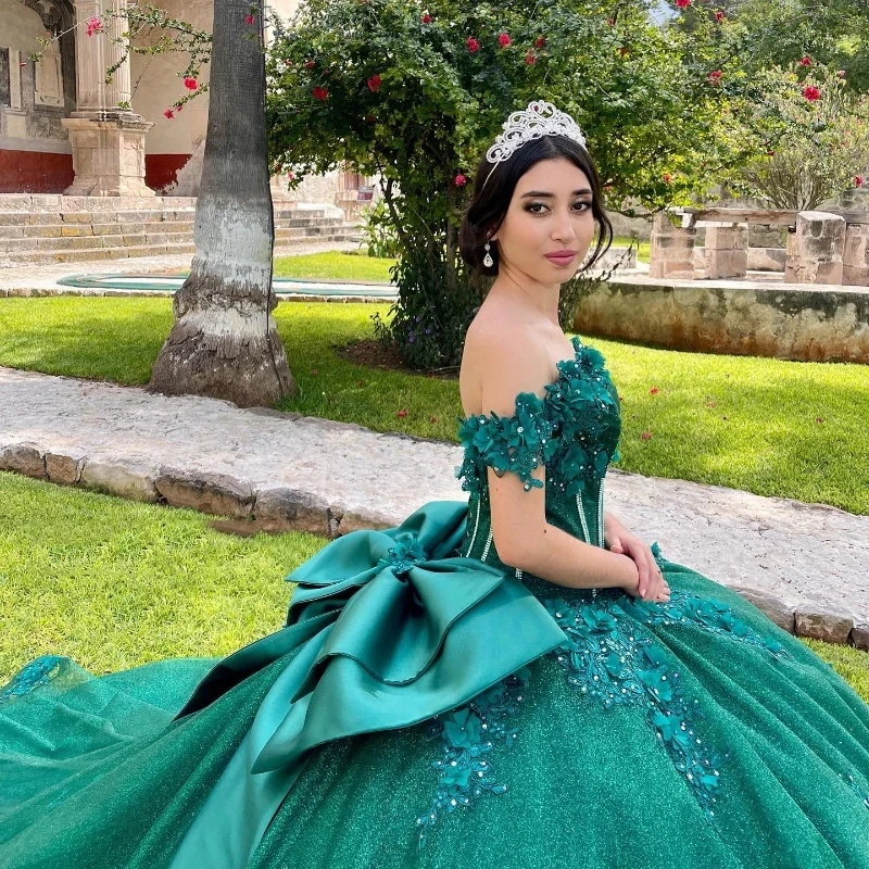 Vestidos de quinceañrea de princesa, Apliques de encaje con hombros descubiertos, verde esmeralda, dulce, 15, 16. °, fiesta de cumpleaños