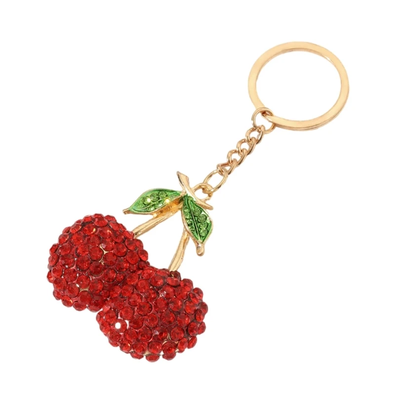 Sparkling 3D Cherries Keychain Charm Rhinestones Bag Accessory Fashionable Fruit Key Ring Ornament for Women F3MD