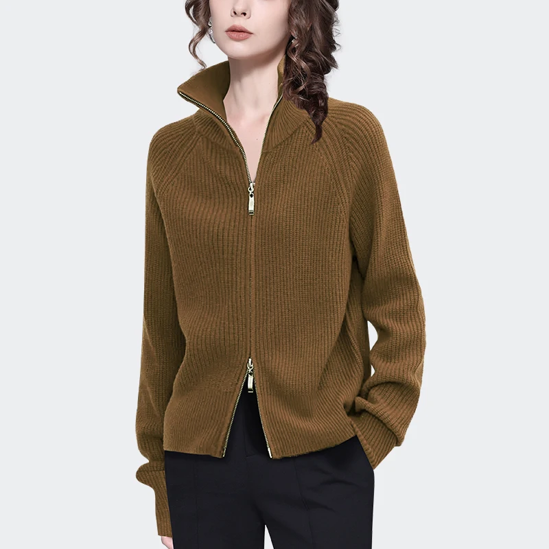 

Fashion Women High Neck Brown Knitted Wool Sweater Loose Casual Zip Fly Cardigan Tops Warm Thicken Autumn Winter Female Sweaters