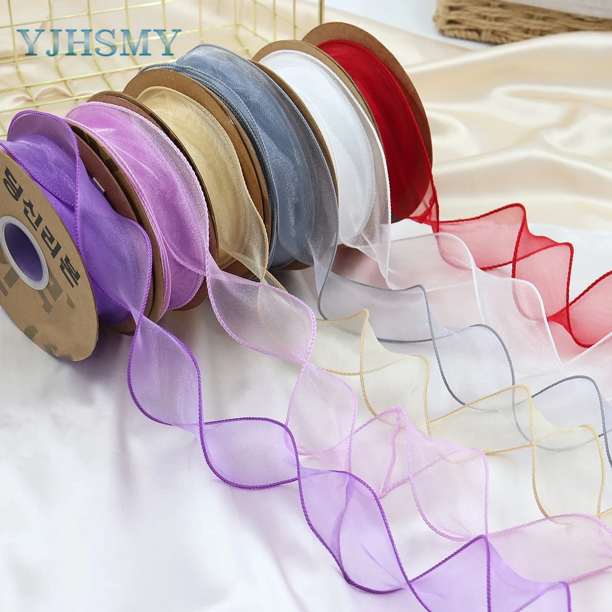 2 Yards Wired Chiffon Ribbon Sheer Organza Ribbons for Crafts Floral Bouquets Wedding Car Party Decorations Gift Wrapping Bow