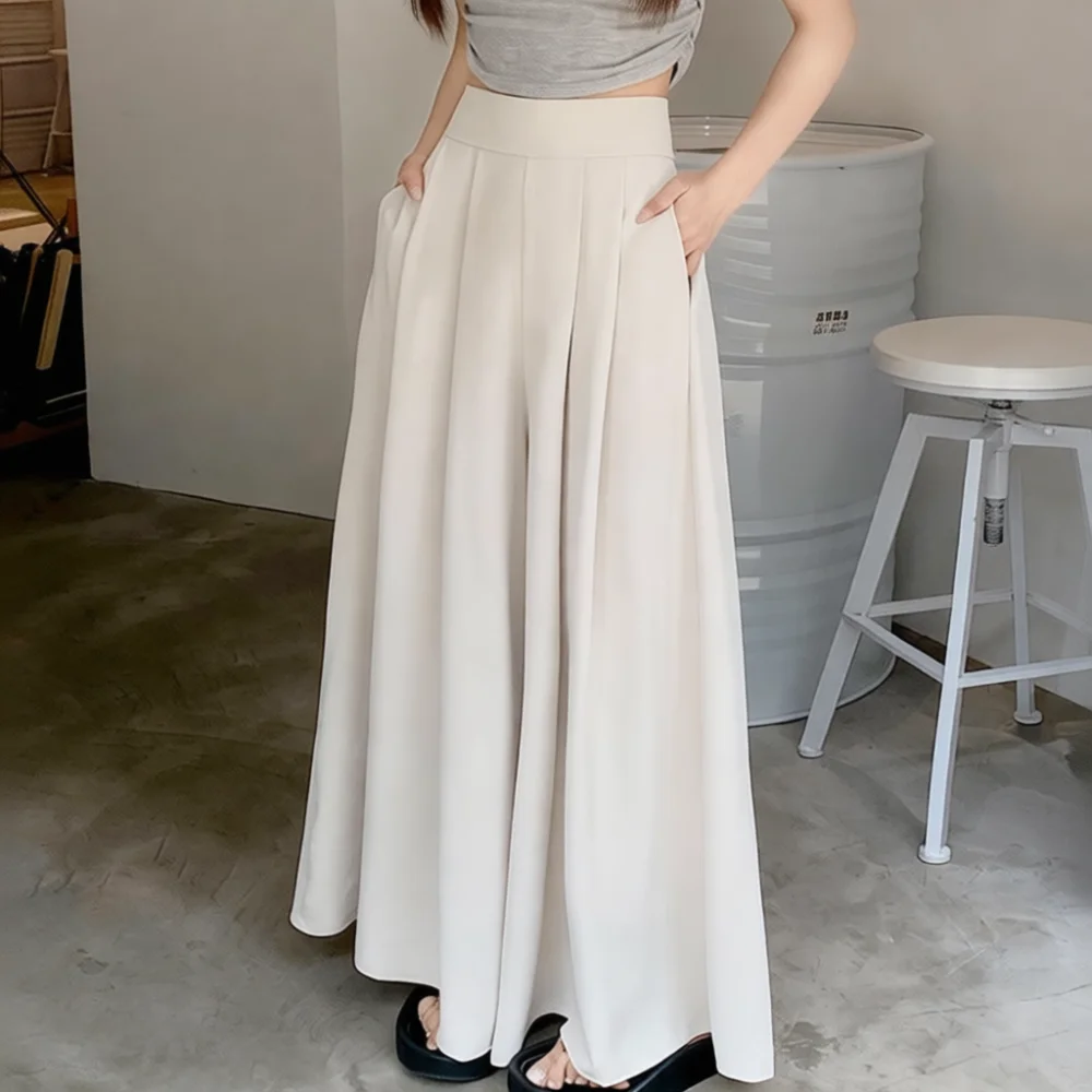 Elegant Women High Waist Wide Leg Pants Pleated Loose Drape Culottes Casual Spring Summer Suit Trousers Breathable Comfy