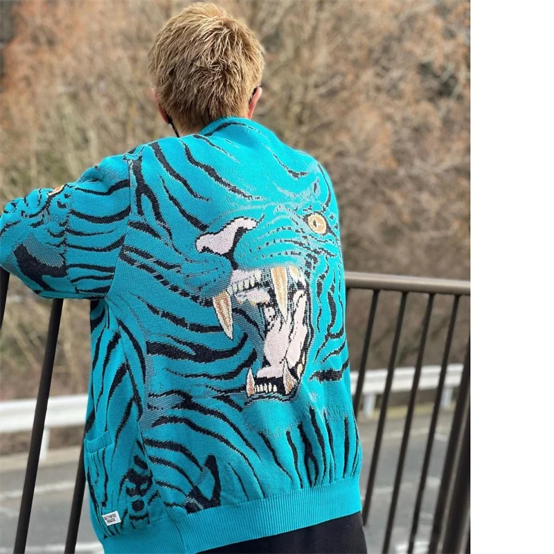 Suéter Vintage con estampado de tigre para hombre y mujer, suéteres de punto informales holgados con cuello de pico japonés, ropa de gran tamaño