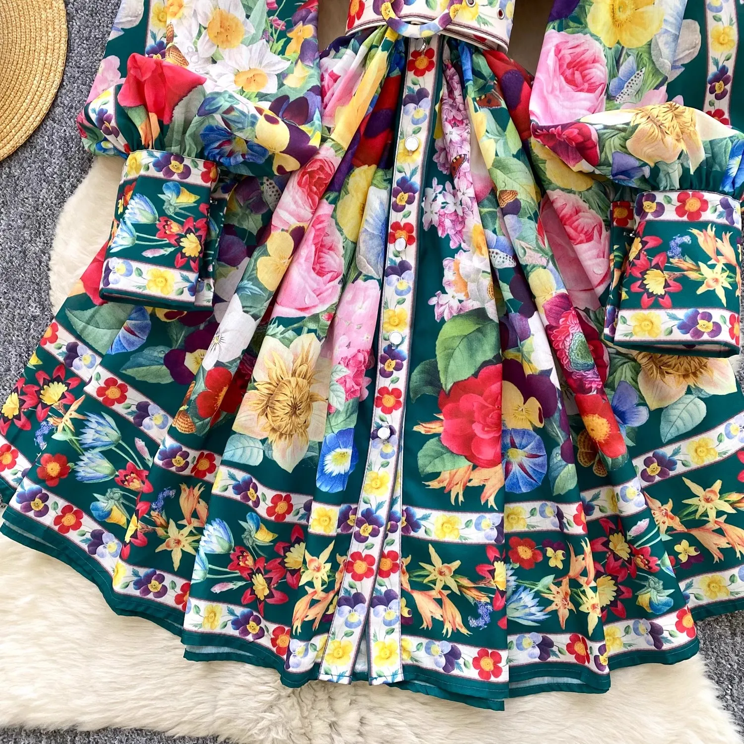 2025 primavera verão pista vestido curto feminino gola longa lanterna manga único breasted floral impressão cinto mini vestidos