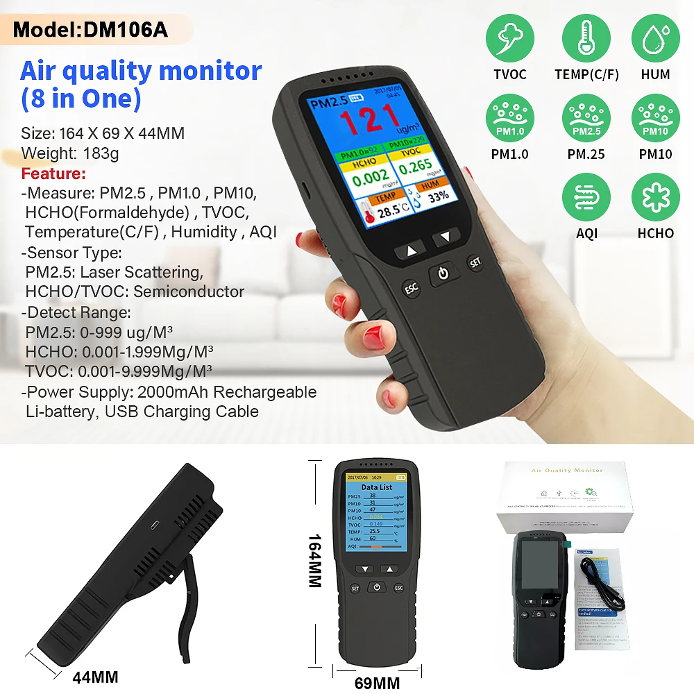 Handheld Portable Air Quality Detector TVOC Formaldehyde(HCHO) Monitor Tracks PM2.5 Haze Dust Meter for Car Gas Inspection