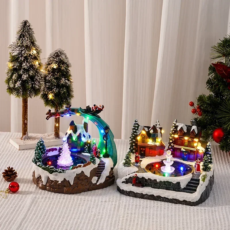 Glowing Resin Snow House Music Water Fountain Animated Statues Figurine Decor Colorful LED Lighted Xmas Village Scene Ornament