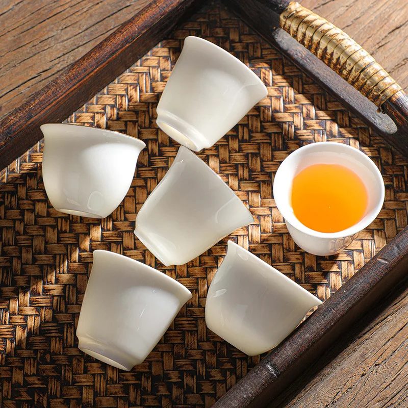 6pcs Mutton Fat Jade Porcelain Tea Cup Dehua White Porcelain Master Cup Gold Rim White Small Kung Fu Tea Cup Set Teaware