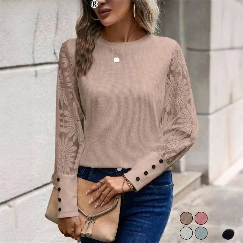 

Чистый цвет, длинный све, вышитый кружевной лоскутный топ в клетку, круглый топ Ne, осень 2023, повседневная женская футболка Sle