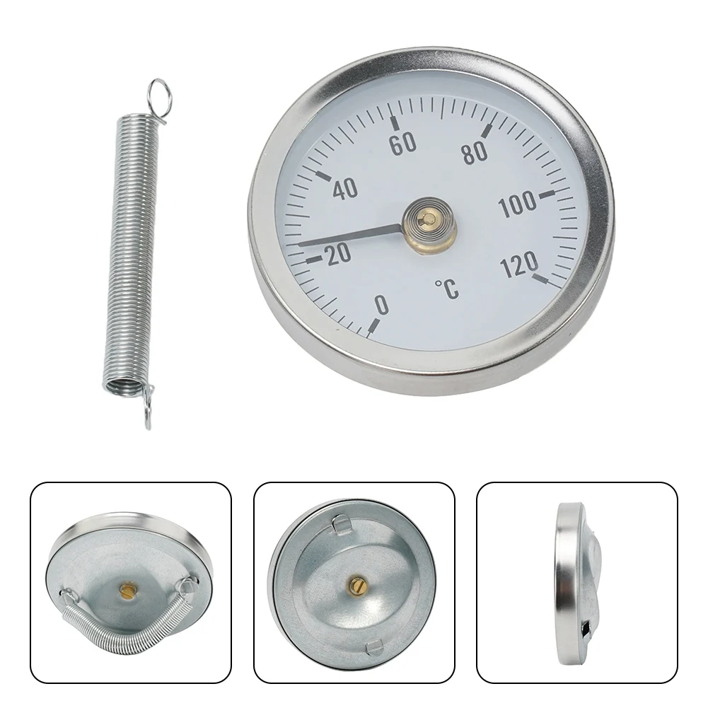 1PC 0-120℃ Pipeline Thermometer 6.3*6.3*1cm Stainless Steel Clamp-On Tube Spring Thermometer For Home Industrial Fireplace Stove