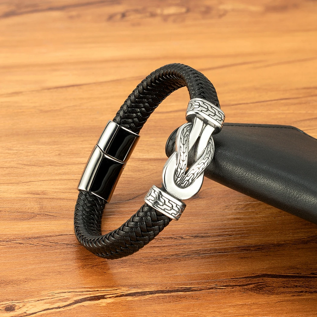 XQNI Stainless Steel Bracelets Weave Black/Brown Leahter Magnetic Buckle Rope Jewelry Accessories Bangles Gifts for Men Friend view 5