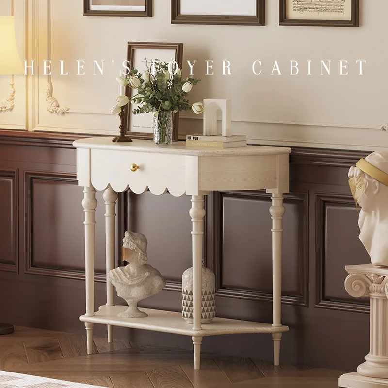 

Solid wood French cream wind entrance cabinet Entry semicircular entrance table Medieval light luxury dining side cabinet Living