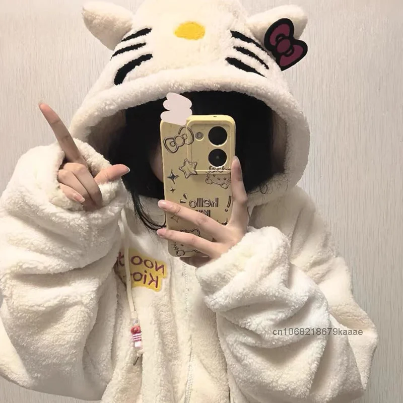 Sanrio Hello Kitty Cute Lamb Fleece Clothes Women Autumn Winter Loose Lazy Style Cotton Coat Korean Version Fashion Warm Topcoat